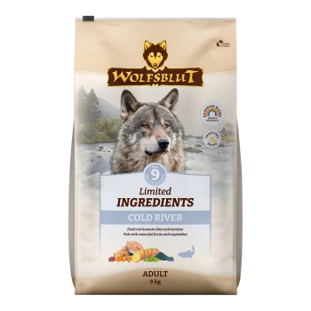 WOLFSBLUT Cold River Hundefutterbeutel, 9 kg, mit einem Wolf-Logo, "Limitierte Zutaten"-Etikett und Text über Fisch mit Früchten und Gemüse.