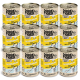 Eine Anzeige von 12 Dosen DOGS'n TIGER Tierfutter, gekennzeichnet mit 'GLÜCKSKIND ZARTES HUNN MIT KORELLE', mit einer Katzen-Grafik und Nährwertangaben.
