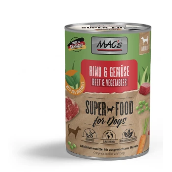Dosenfutter für Hunde mit der Bezeichnung "MAC's Rind & Gemüse Rindfleisch & Gemüse", mit 30% Gemüse, getreidefrei, klimafreundlich und komplett für erwachsene Hunde.