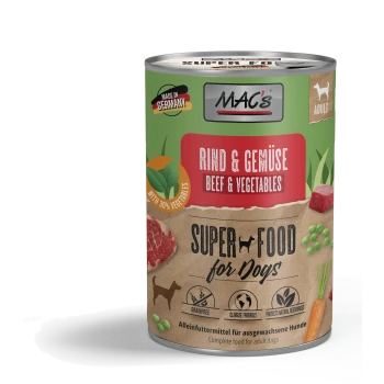 Dosenfutter für Hunde mit der Bezeichnung "MAC's Rind & Gemüse Rindfleisch & Gemüse", mit 30% Gemüse, getreidefrei, klimafreundlich und komplett für erwachsene Hunde.