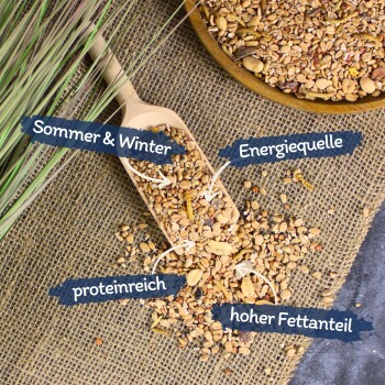 Eine Holzschaufel mit Vogelfutter auf Jute, umgeben von verstreutem Futter und Etiketten: "Sommer & Winter," "Energiequelle," "proteinreich," "hoher Fettanteil."