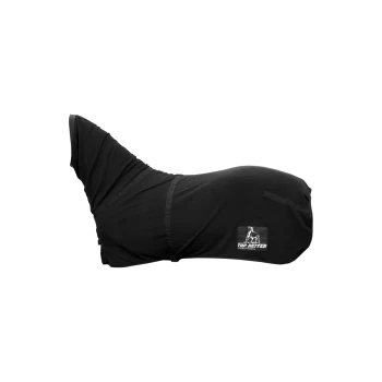 Schwarze Pferdedecke mit passgenauer Form, mit einem Logo, das "Top Reiter International" liest.