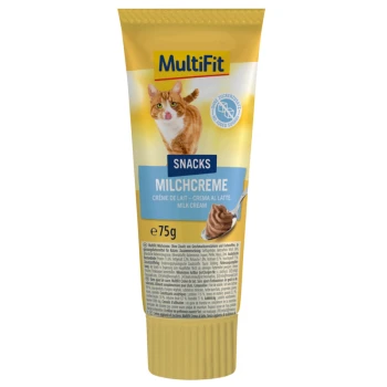 MultiFit Katzenmilch-Cremesnack Tube 75g ohne Zuckerzusatz, zeigt eine Katze und einen Löffel mit Milchcreme.