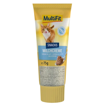 MultiFit Katzenmilch-Cremesnack Tube 75g ohne Zuckerzusatz, zeigt eine Katze und einen Löffel mit Milchcreme.
