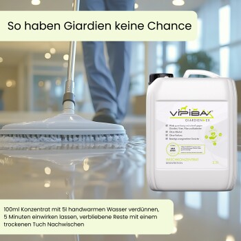 Reinigung des Mopp auf dem Boden mit Vipibax Giardien EX Desinfektionsmittelbehälter, deutscher Text über Giardienprävention und Anwendung.