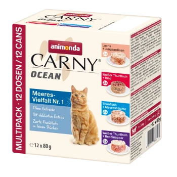 Multipack mit 12 Dosen Animonda Carny Ocean Katzenfutter mit einer Katze auf der Vorderseite, mit Geschmacksrichtungen wie Lachs, Thunfisch und Meeresfrüchte.