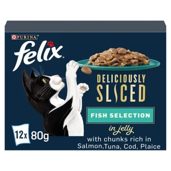 Black and white cat reaching for "Felix Deliciously Sliced Fish Selection in Jelly" packaging with salmon, tuna, cod, and plaice.