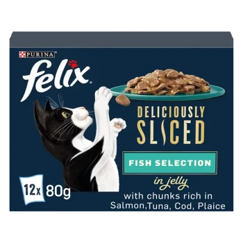 Black and white cat reaching for "Felix Deliciously Sliced Fish Selection in Jelly" packaging with salmon, tuna, cod, and plaice.