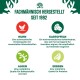 Infografik mit Zutaten für Haustierfutter: Huhn, Kartoffeln, Algen und Erbsen, mit Beschreibungen ihrer ernährungsphysiologischen Vorteile auf Deutsch.
