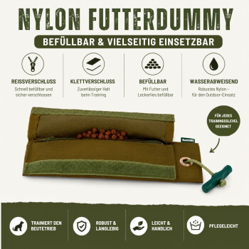 Olivfarbener Nylon-Futterdummy, gefüllt mit Trockenfutter, Reißverschluss und Klettklappe, Seil-T-Griff; sichtbarer Text 'NYLON FUTTERDUMMY' und 'BEFÜLLBAR & VIELSEITIG EINSETZBAR'.