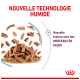 Nouvelle technologie humide pour nourriture pour animaux, montrant des morceaux en sauce avec texte en rouge et violet.