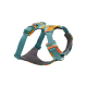 Bunte Hundegeschirr mit einem türkisfarbenen, orangefarbenen und grauen Design, mit verstellbaren Riemen und einem metallischen D-Ring zur Leinenbefestigung.
