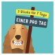 Ein fröhlicher Cartoon-Hund mit großem Lächeln hält ein Schild mit der Aufschrift '7 Sticks für 7 Tage' und 'Einer pro Tag' vor einem türkisfarbenen Hintergrund.