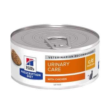 Nourriture pour chats en conserve Hill's Prescription Diet, étiquetée "Urinary Care with Chicken", avec un logo recommandé par les vétérinaires.