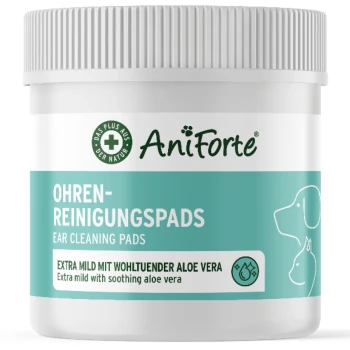 Ohren-Reinigungspads Ohrenpflege Pads 100 Stück Behälter mit AniForte Ohrenreinigungspads, beschriftet in Deutsch und Englisch, mit beruhigendem Aloe Vera, mit Illustrationen eines Hundes und einer Katze.