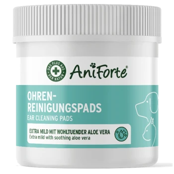 Behälter mit AniForte Ohrenreinigungspads, beschriftet in Deutsch und Englisch, mit beruhigendem Aloe Vera, mit Illustrationen eines Hundes und einer Katze.