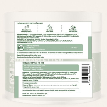 Weißes Dosenetikett für Hundeergänzung – „COMPLEMENTARY FEED FOR DOGS“ – Fütterungsempfehlung, Nutzen-Icons und Barcode