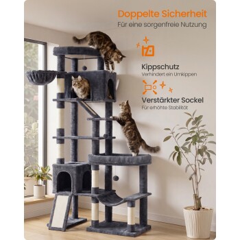 Grauer mehrstöckiger Kratzbaum mit drei getigerten Katzen; deutscher Text: „Doppelte Sicherheit“, „Kippschutz“, „Verstärkter Sockel“.