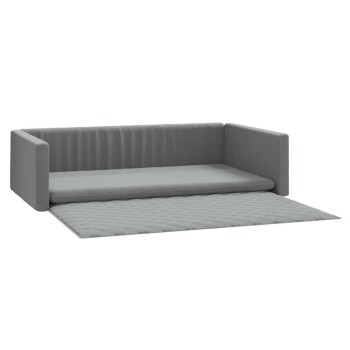 Graues Haustiersofa mit einer abnehmbaren, gesteppten Matte, mit einer niedrigen Rückenlehne und Seitenkissen für Komfort.