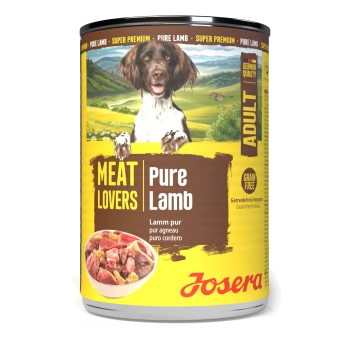 Dose Josera Hundefutter mit Aufschrift 'Meat Lovers Pure Lamb', Hundebild sowie den Texten 'Adult' und 'Grain Free'.