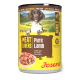 Dose Josera Hundefutter mit Aufschrift 'Meat Lovers Pure Lamb', Hundebild sowie den Texten 'Adult' und 'Grain Free'.