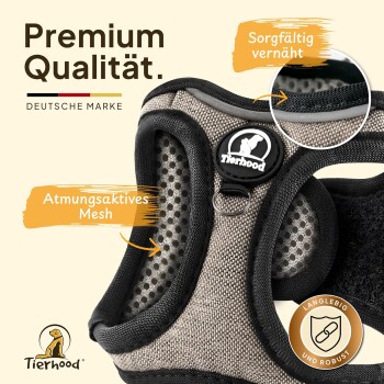 Nahaufnahme eines Hundegeschirrs mit atmungsaktivem Mesh, mit "Premium Qualität," "Atmungsaktives Mesh," und dem "Tierhood"-Logo.
