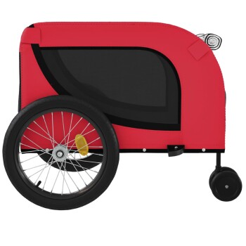 Roter Haustieranhänger mit einem schwarzen Netzfenster und zwei Rädern, entworfen für den sicheren Transport von Haustieren.