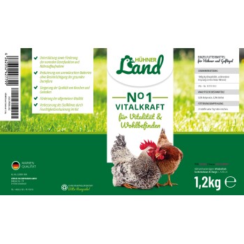 Hühner Land No.1 Vitalkraft Verpackung für Geflügelfutter, mit zwei Hühnern auf einem grasigen Hintergrund, mit Text zu Vorteilen und Nährwertinformationen.
