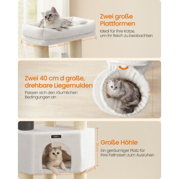 Weißer mehrstöckiger Kratzbaum mit Katzen auf zwei Plattformen, runden 40 cm Betten und Häuschen; sichtbarer Text „Zwei große Plattformen“.