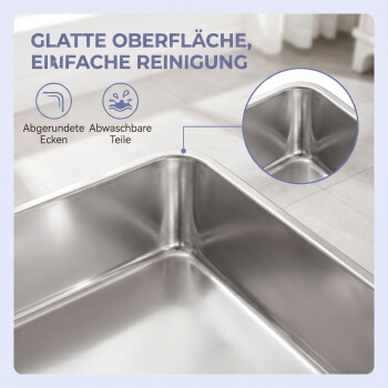 Edelstahl-Tiertablett mit abgerundeten Ecken und Detailansicht; sichtbarer deutscher Text: GLATTE OBERFLÄCHE, EINFACHE REINIGUNG.