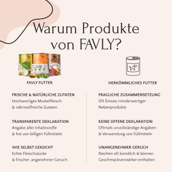 Bild, das FAVLY-Hundefutter mit herkömmlichem Hundefutter vergleicht und Vorteile wie frische Zutaten, Transparenz und natürlichen Duft hervorhebt.