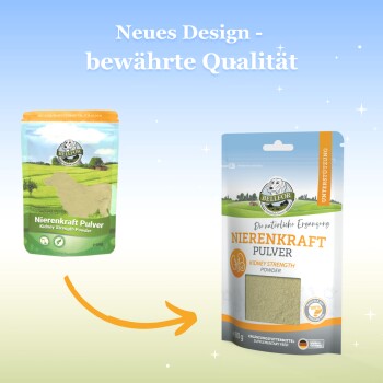 Neues Design des Bellfor Kidney Strength Pulvers für Hunde, das zwei Verpackungsvarianten zeigt, mit Text, der Qualität und Unterstützung hervorhebt.