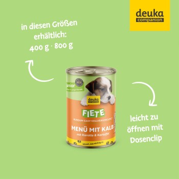 Fiete Junior Menü mit Kalb, Karotte und Kartoffel deutsches Premium-Nassfutter 6x400g Dose