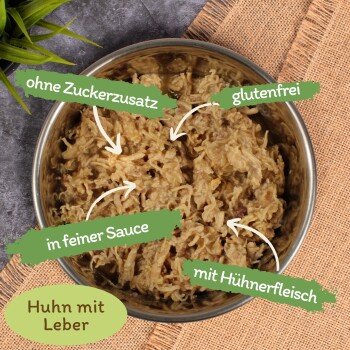 Schüssel mit zerkleinertem Hähnchen in Sauce, beschriftet mit "Huhn mit Leber", glutenfrei, ohne Zuckerzusatz und enthält Hähnchen.