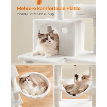 Katzenbaum mit mehreren bequemen Plätzen, ideal für Katzen bis zu 5 kg; zeigt zwei entspannte Katzen in verschiedenen Positionen.