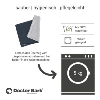 Hundebettbezug Doctor Bark in Dunkelblau und Grau, waschbar bis 60°C, trocknergeeignet, mit einfachen Entfernanweisungen.