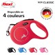 Laisse rétractable rouge pour chien avec logo argenté, présentant "NOUVEAU CLASSIQUE" et "Disponible en 4 couleurs." Disponible en noir, bleu, rose, rouge.