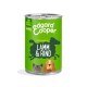 Grüne Dose mit Edgard Cooper Hundefutter, beschriftet mit "Getreidefrei Lamm & Rind" für erwachsene Hunde, mit Illustrationen eines Hundes und eines Löwen.