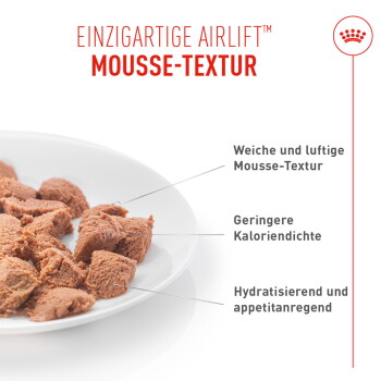 Mousse-Stückchen auf einem Teller; Überschrift ‚EINZIGARTIGE AIRLIFT™ MOUSSE-TEXTUR‘; Beschriftungen: weich und luftig, weniger Kalorien, feuchtigkeitsspendend