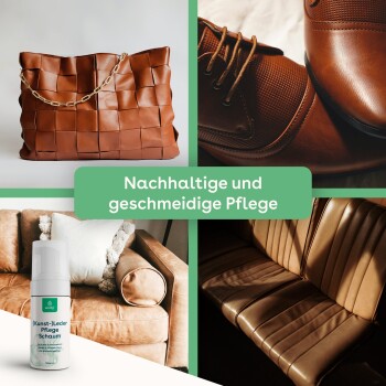 Bild zeigt eine braune geflochtene Handtasche, braune Schuhe, eine Flasche Lederpflegeschaum und ein Ledersofa, mit dem Text 'Nachhaltige und geschmeidige Pflege.'