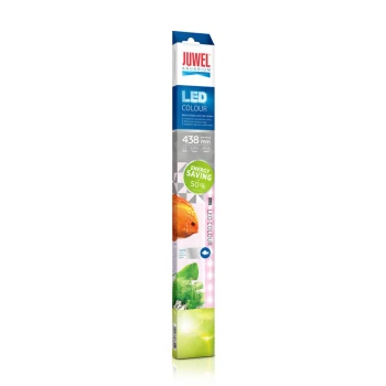 Leuchtmittel LED Colour 43,8 cm, 12 W Juwel LED Colour Aquariumlicht-Röhre, 438 mm, mit dem Hinweis auf Energieeinsparung von 50%, mit Bildern von Fischen und Pflanzen auf der Verpackung.
