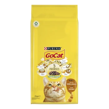 Yellow bag of Purina GoCat cat food, featuring a cat licking its lips, with text highlighting "5 Promises" and "no artificial colourants."