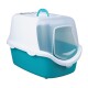 Une litière pour chat recouverte de teal et blanc avec une porte transparente et des trous de ventilation sur le dessus.