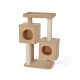 Cat tree with two cubed hideaways and a top platform, featuring a soft beige fabric and sisal-wrapped scratching posts.