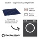 Marineblaues Hundedecke von Doctor Bark, maschinenwaschbar bis 95°C, trocknergeeignet, mit Text, der seine Sauberkeit und Pflegeleichtigkeit hervorhebt.