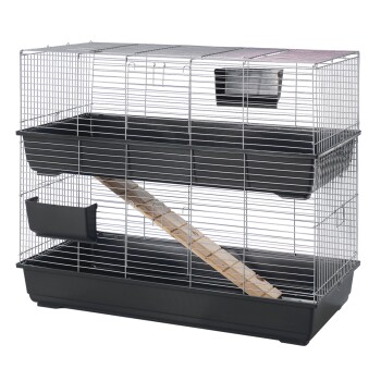 Two-level metal wire small-animal cage with black plastic base and upper tray, wooden ramp and external food dish.