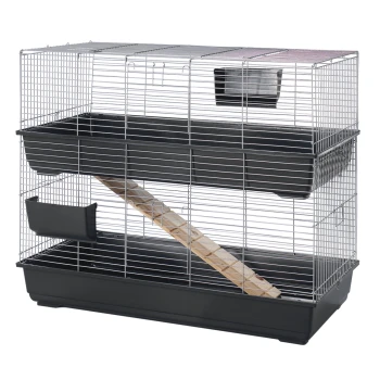 Two-level metal wire small-animal cage with black plastic base and upper tray, wooden ramp and external food dish.