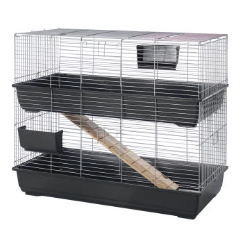 Two-level metal wire small-animal cage with black plastic base and upper tray, wooden ramp and external food dish.