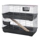 Two-level metal wire small-animal cage with black plastic base and upper tray, wooden ramp and external food dish.