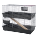 Two-level metal wire small-animal cage with black plastic base and upper tray, wooden ramp and external food dish.
